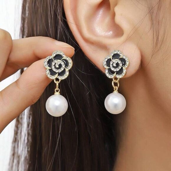 Camellia Flower Black White Pearl CZ Dangle Stud Earrings - Picture 1 of 9